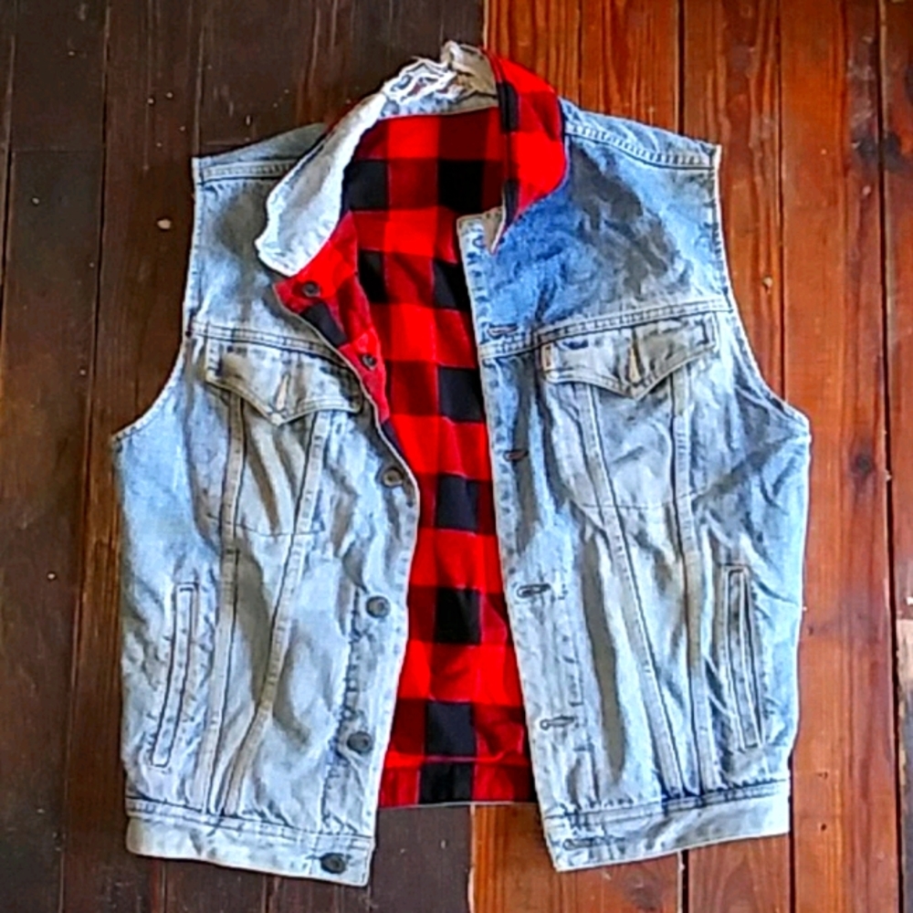 Vintage Mustang reversible jean flannel vest